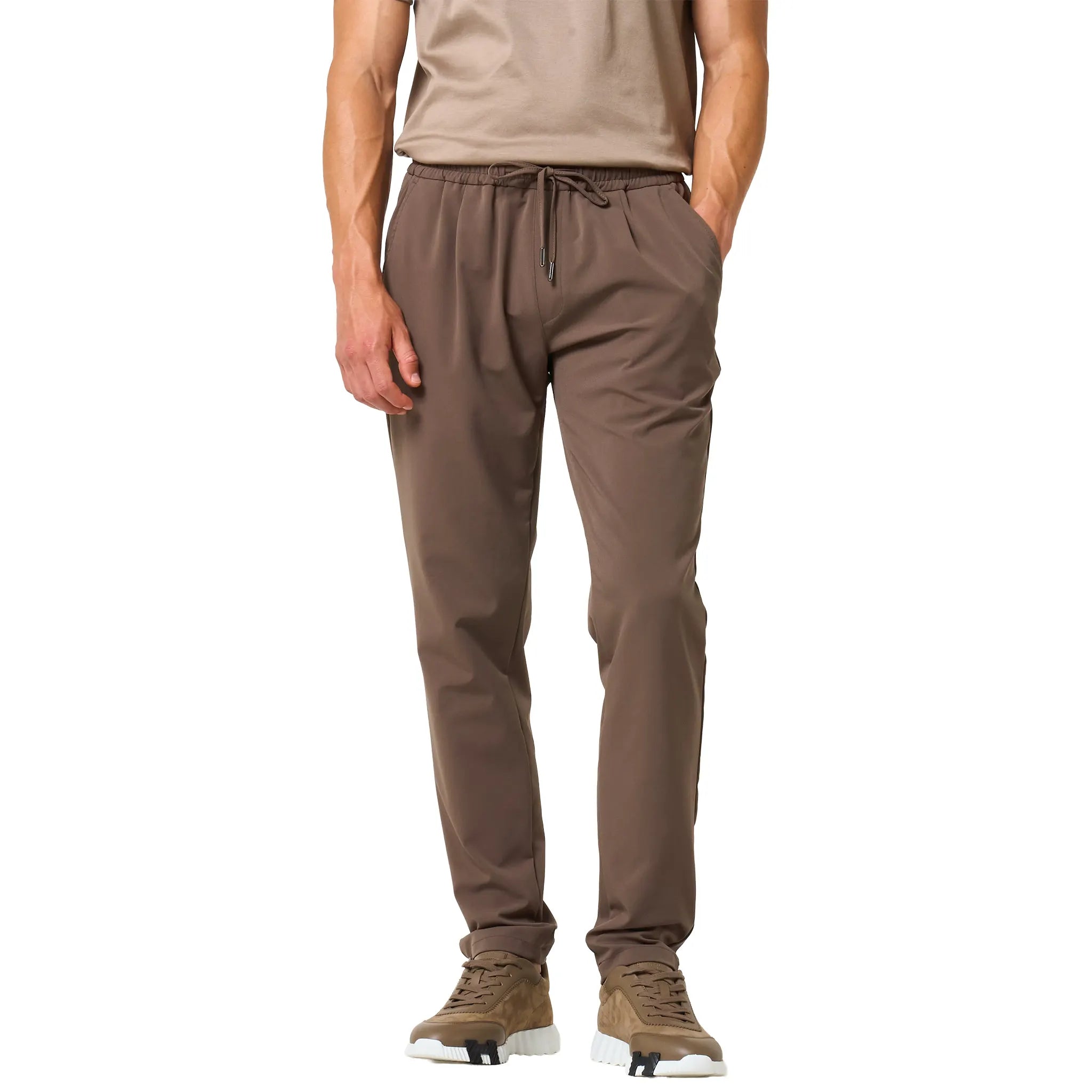 Front View of Loiano Tech Taupe Trousers